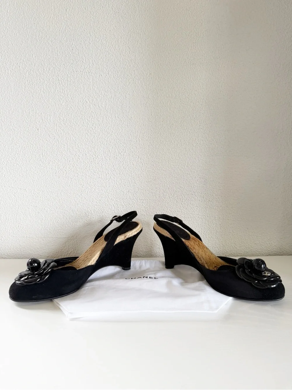 Chanel Camellia Espadrille Wedge Sandals 2006 Cruise Black Suede EU 40
